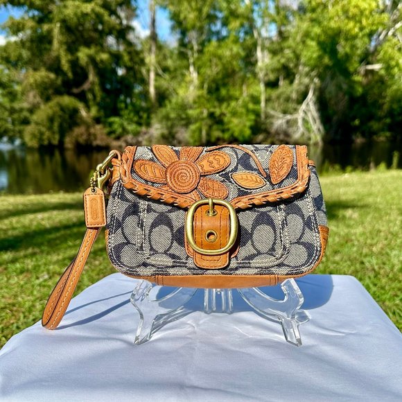 Coach Handbags - SOLD - COACH Bleecker Vachetta Leather Signature Denim Floral Applique Wristlet